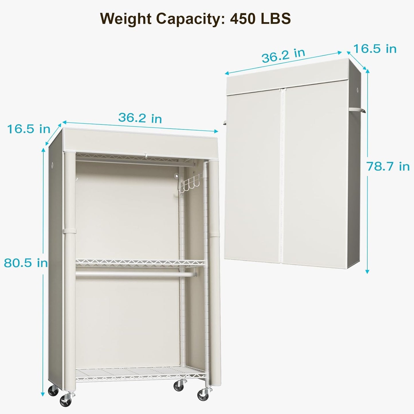FUTASSI White Clothing Rack with Beige Cover, P1C Rolling Closets with Wheels, Metal Garment Rack for Hanging Clothes, Clothing Storage Wardrobe, 36.2" W x 16.5" D x 80.5" H, Load 450 Pounds