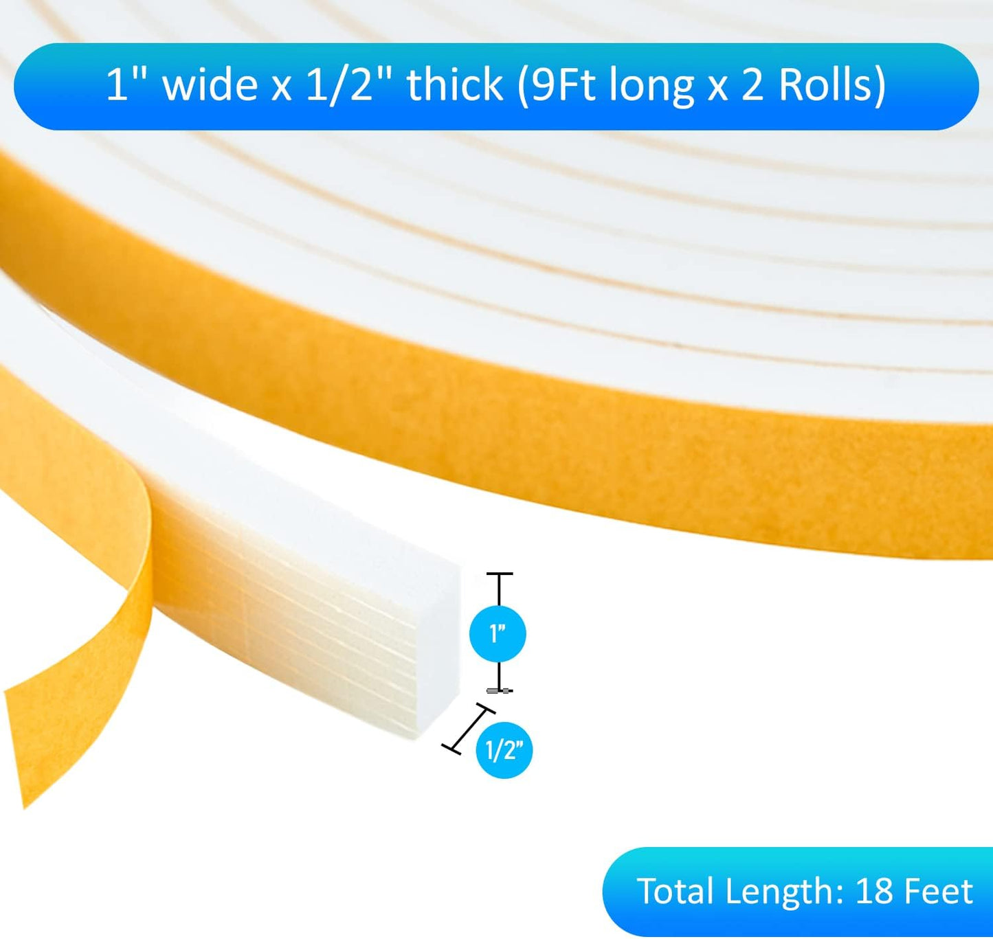 High Density Foam Weather Stripping Door Seal Strip Insulation Tape Roll for Insulating Door Frame, Window, Air Conditioner | Self Adhesive Sealing Weatherstrip (White, 1 in x 1/2 in x 18 Ft)