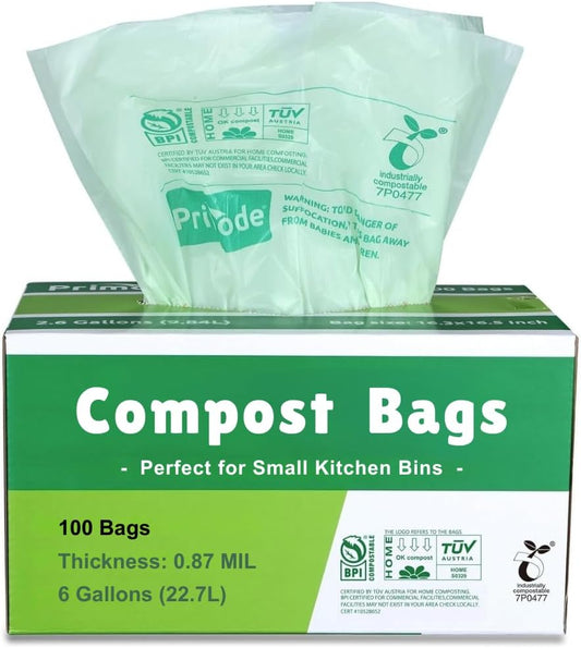 Primode Compostable Bags, 6 Gallon Food Scraps Yard Waste Bags, 100 Count, Extra Thick 0.87 Mil. ASTMD6400 Compost Bags Small Kitchen Trash Bags, Certified By BPI And TÜV AUSTRIA,