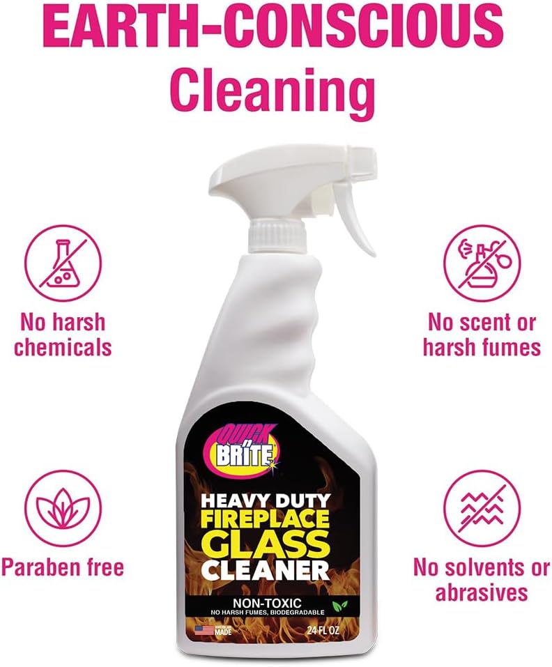 Quick N Brite Fireplace Glass Cleaner 24oz, Nonabrasive Cleaning Spray for Fireplace Glass, Oven Glass, Glass Cooktops, Ceramic-Glass, Microwave Glass (Pack of 3)