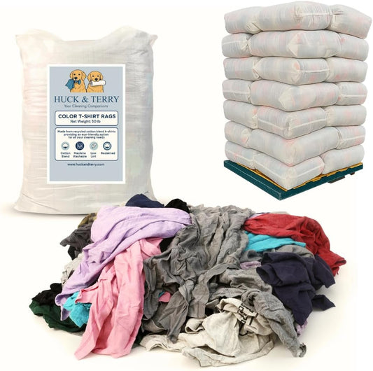 Tshirt Bag of Rags Multicolored (1,500LB, 30x BALES), Cotton Blend, Painting and Multipurpose, Kitchen, Auto, Staining Rags, Shop Cleaning Cloths Bulk, Lint Free Absorbent Washable, 30 bags