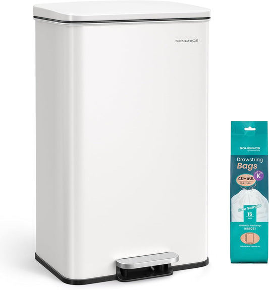 SONGMICS Kitchen Trash Can, 10.5 Gallon (40 L) Garbage Can, Large Step Trash Bin with Lid, Stainless Steel, Soft Close, 15 Trash Bags Included, White ULTB540W40