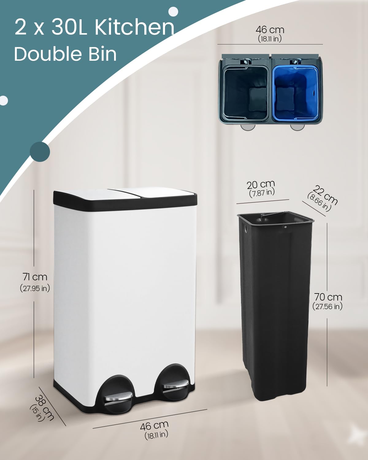 Dual Compartment Stainless Steel Trash Can, 16 Gallon / 60 Liters White Kitchen Garbage Bin with Silent Sealed Lids, Dual Recycling and Trash White for Home & Office