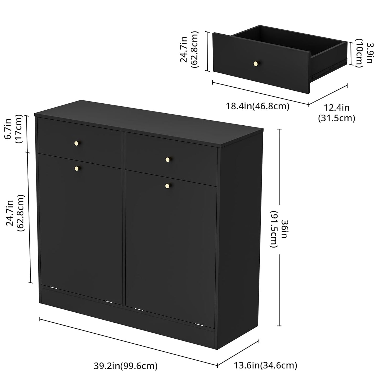 Double Tilt Out Trash Can Cabinet, Trash Storage Cabinet with 2 Drawers, Hidden Garbage Bin, Free Standing Laundry Sorter Organizer for Kitchen Dining Living Room, Bathroom, Black