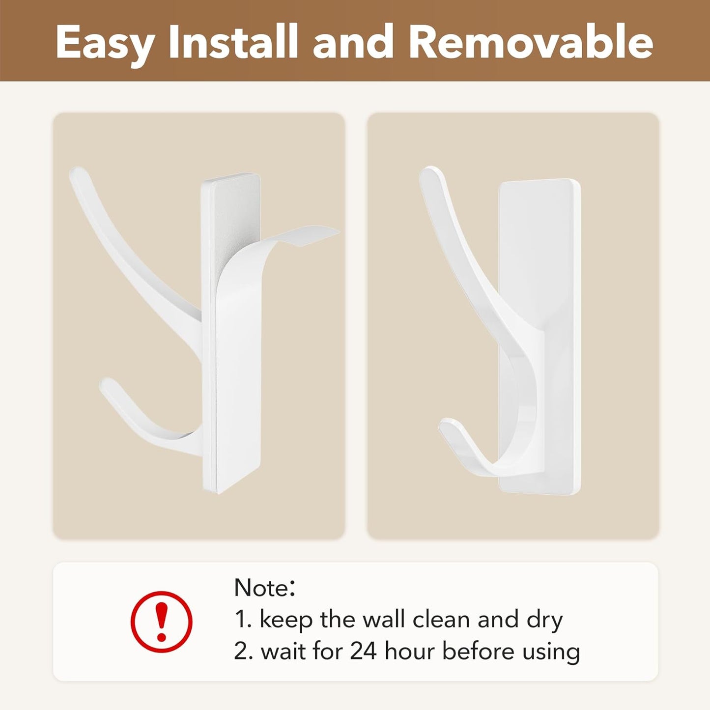 White Self Adhesive Coat Hooks for Hanging, Heavy Duty Stainless Double Wall Hook for Towel, Backpack, Hat, Sturdy Metal Hanger for Bathroom, Bedroom, Door, Wall Mounted, 4-Pack