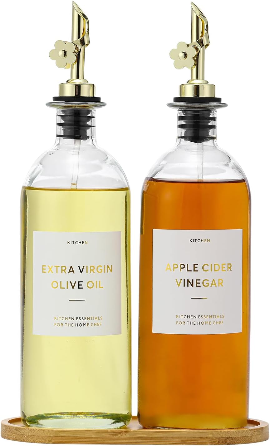 HOMCDALY Olive Oil Dispenser for Kitchen, 11.8oz Glass Dispenser Bottles with Pourer for Kitchen, Oil and Vinegar Dispensers Set, Leakproof Oil Bottle for Cooking| Set of 2 (16oz)