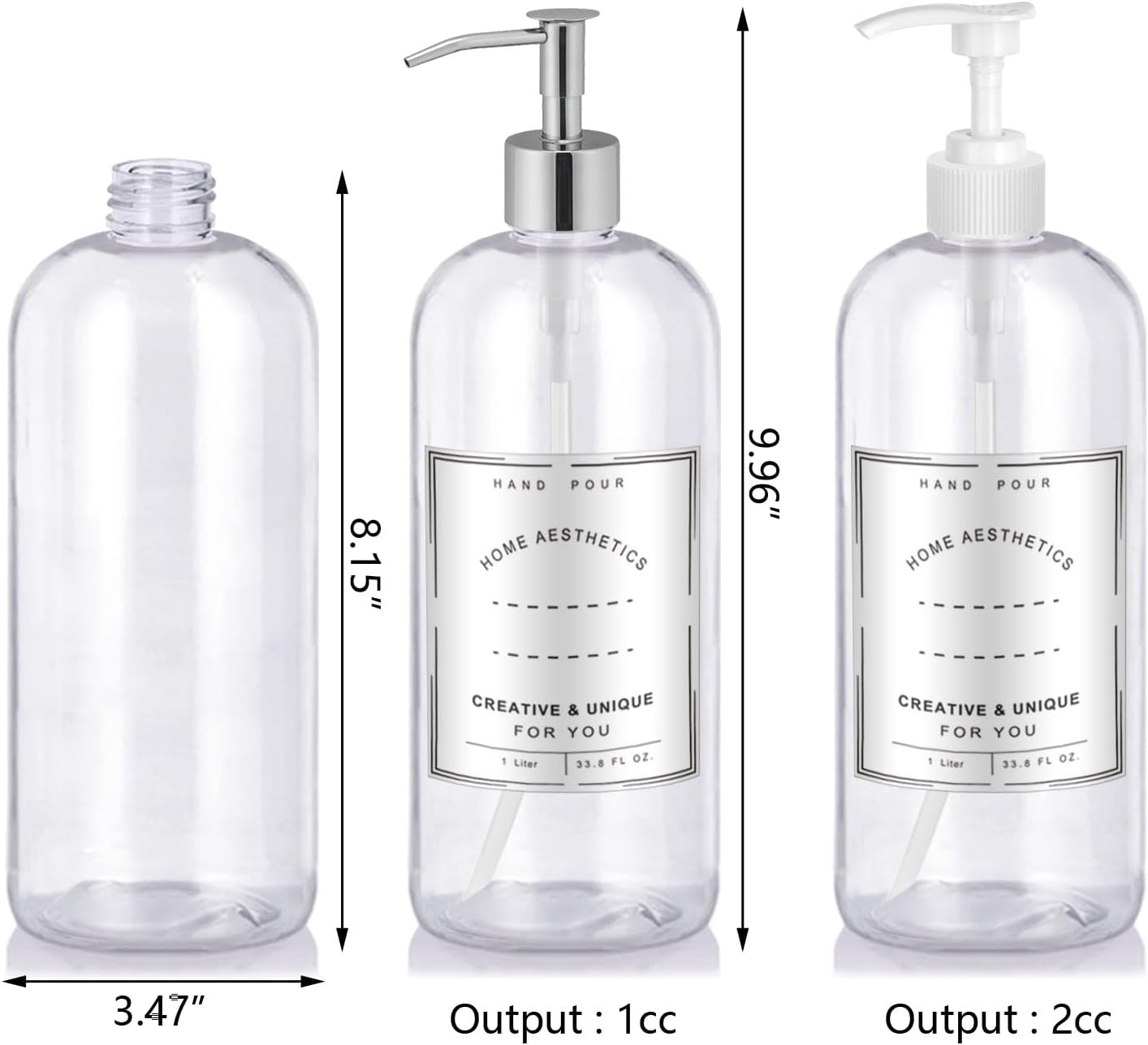 Refillable 32oz Dispenser Plastic Bottle 2pack with Steel Pumps, 1 Liter Crystal Clear Multi-Use Empty Container with Funnel for Shampoo, Conditioner, Body Wash, Liquid Hand Soap, Lotion