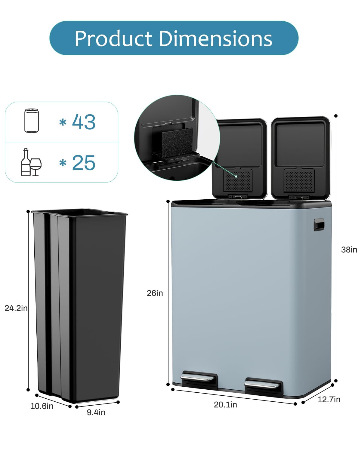 16 Gal (2 x 30 L) Dual Trash Can, Stainless Steel Kitchen Garbage Bin, Recycle Dustbin with Odor Control Box, Soft-Close Lid, Inner Buckets, Side Handle, Step Pedal, for Home Office