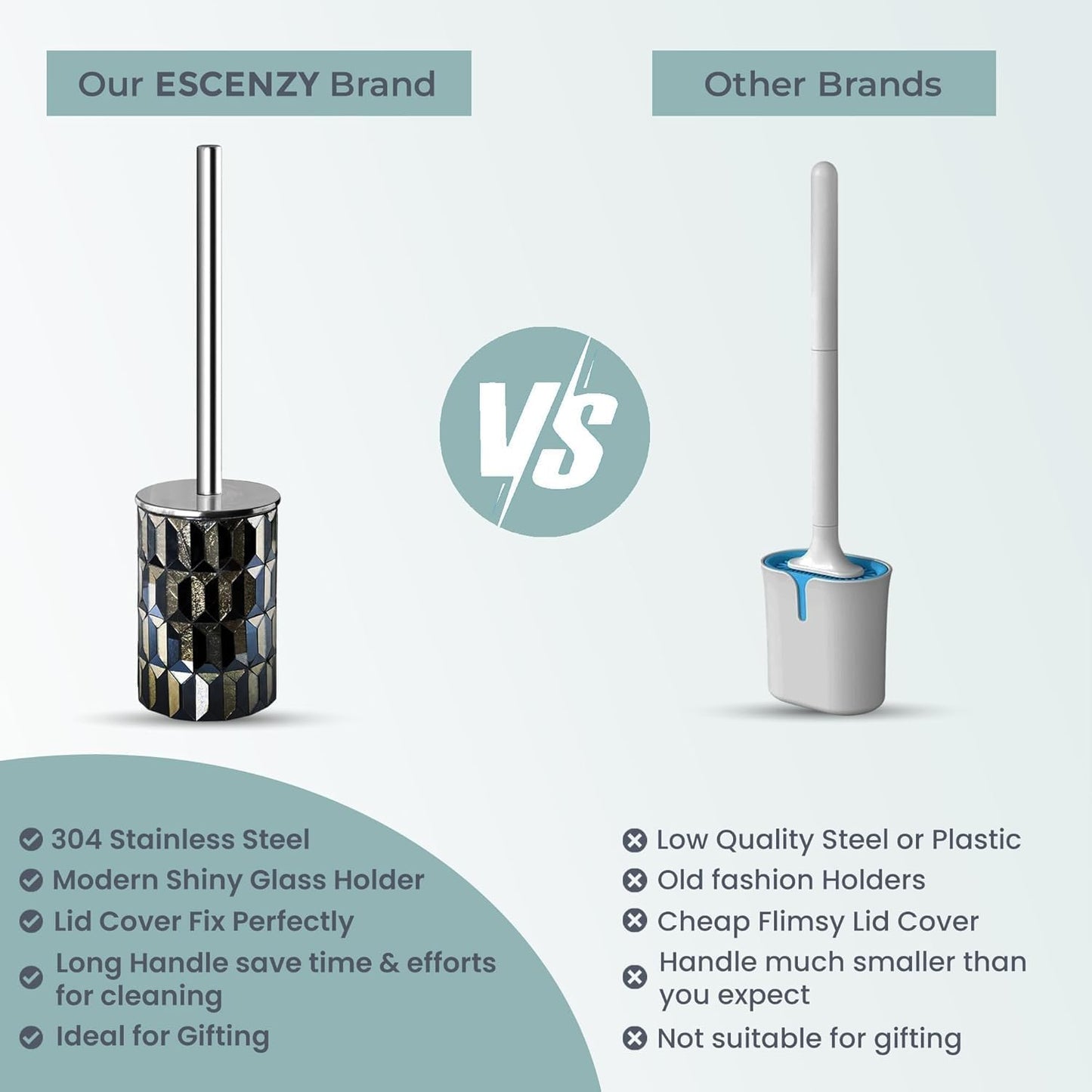 Escenzy Cute Toilet Brush and Holder Set Mosaic Glass | Non-Rustic Stainless Steel | Practical & Decorative Toilet Bowl Brush and Holder | Luxury Black and Gold Bathroom Accessories (Latest)