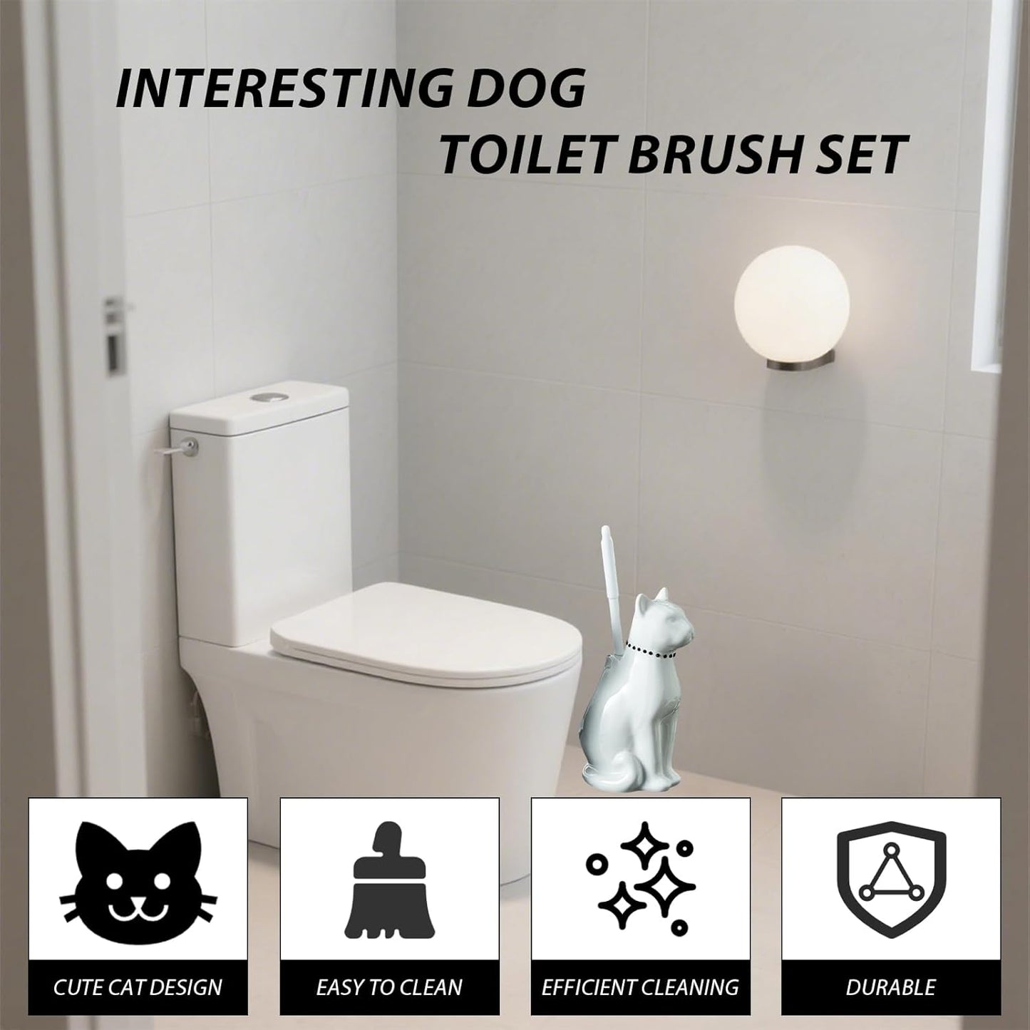 Comeon Ceramic Cat White/Black Toilet Brush and Holder Set, Plastic Handled Scrub Brush for Bathroom Cleaning,10.63"*6.3" (White)