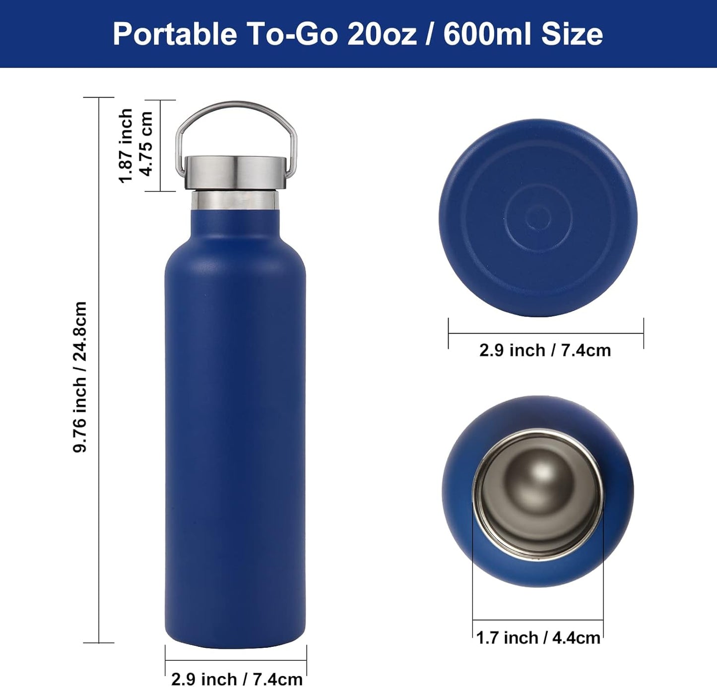 Neihepal 20 oz Insulated Water Bottles Bulk 2 Pack,Stainless Steel Double Wall Sport Bottle with Lid of Handle,Metal Reusable Thermoses Flask with Cup Cap for School,Cyclists,Gift (Navy,Set of 2)