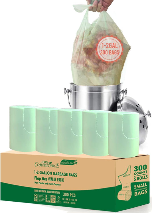 1-2 Gallon Flap Tie Compostable Trash Bags, 300 Count Small Compost Bags, Biodegradable Kitchen Garbage Bags, Food Scrap Waste Bags for Countertop Bin, ASTM D6400, US BPI Certified