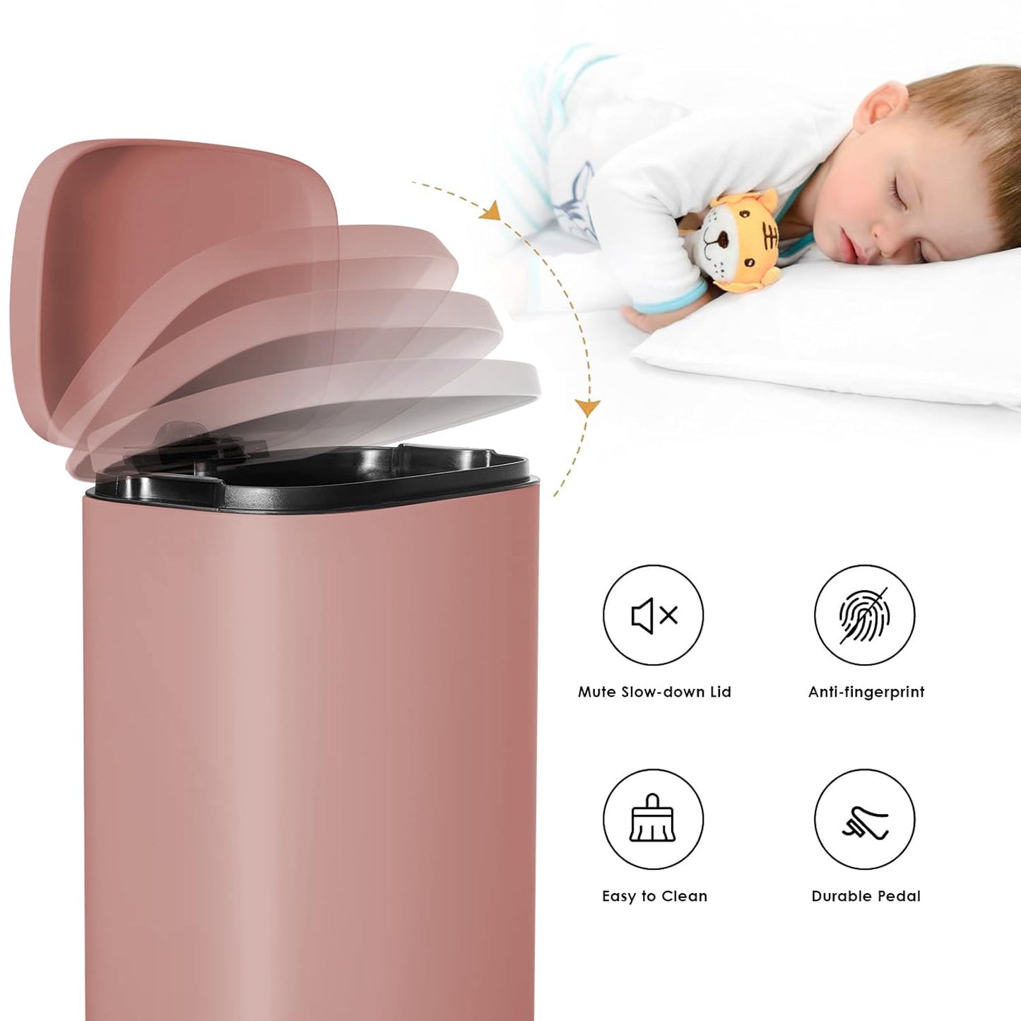 AthLike Trash Can, Stainless Steel Kitchen Garbage Can, Step Waste Bin with Hinged Lid and Removable Inner Bucket, Soft-Close, Dustbin for Bathroom Bedroom Living Room Home (Pink, 8 Gal)