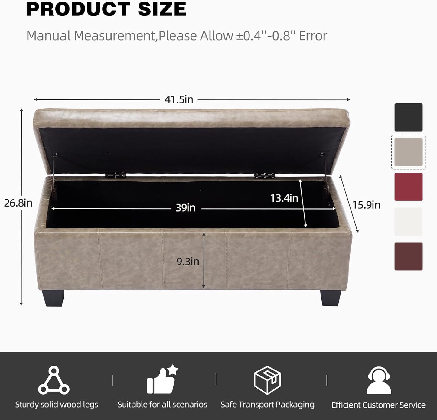 Faux Leather Ottoman with Storage, 42 Inch Rectangular Storage Ottoman Bench with Safety Hinged Lid, Large Upholstered End of Bench for Bedroom Entryway Living Room, Grey