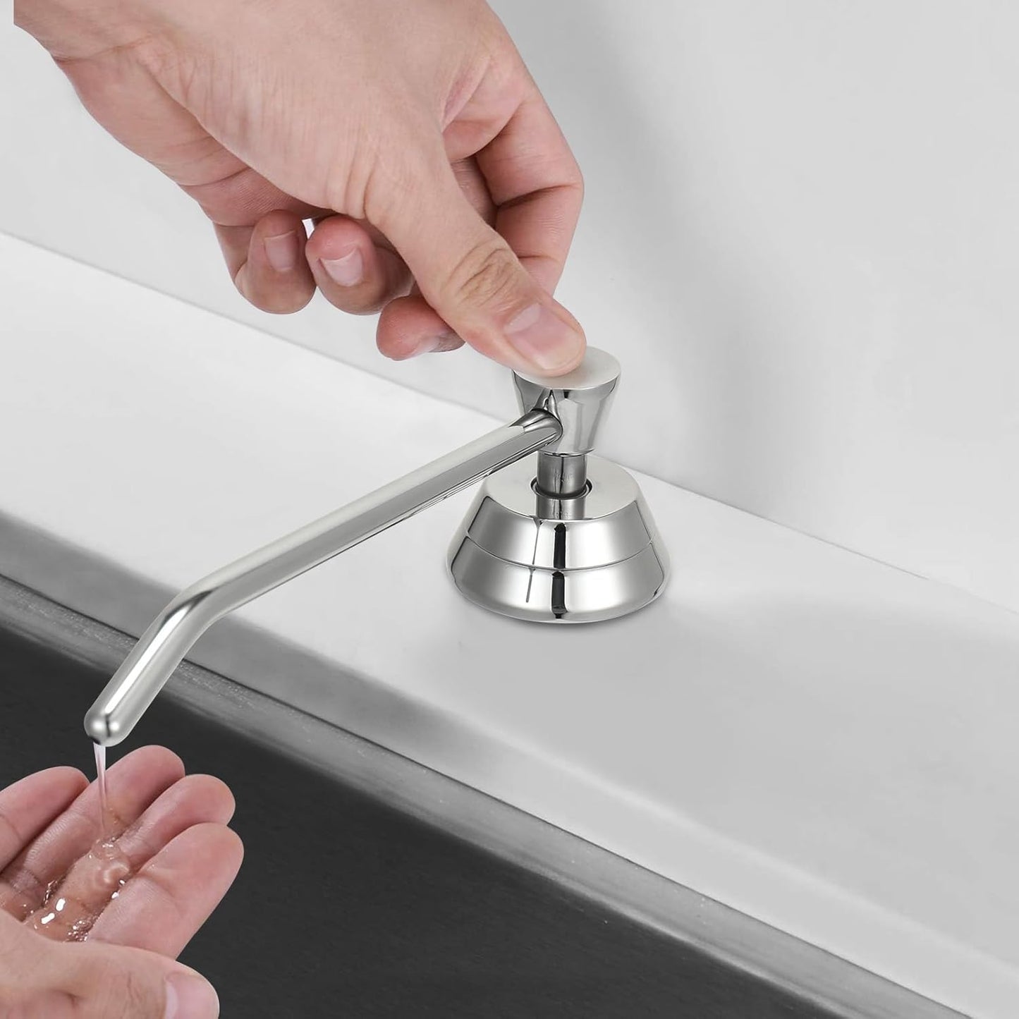 Heavy Duty Brass Countertop Liquid Soap Dispenser, Commercial Grade Top Fill Built-in Soap Dispenser with 34 oz/ 1L Bottle for Bathroom, Kitchen, Public Restroom, Chrome Finish, 6” Spout