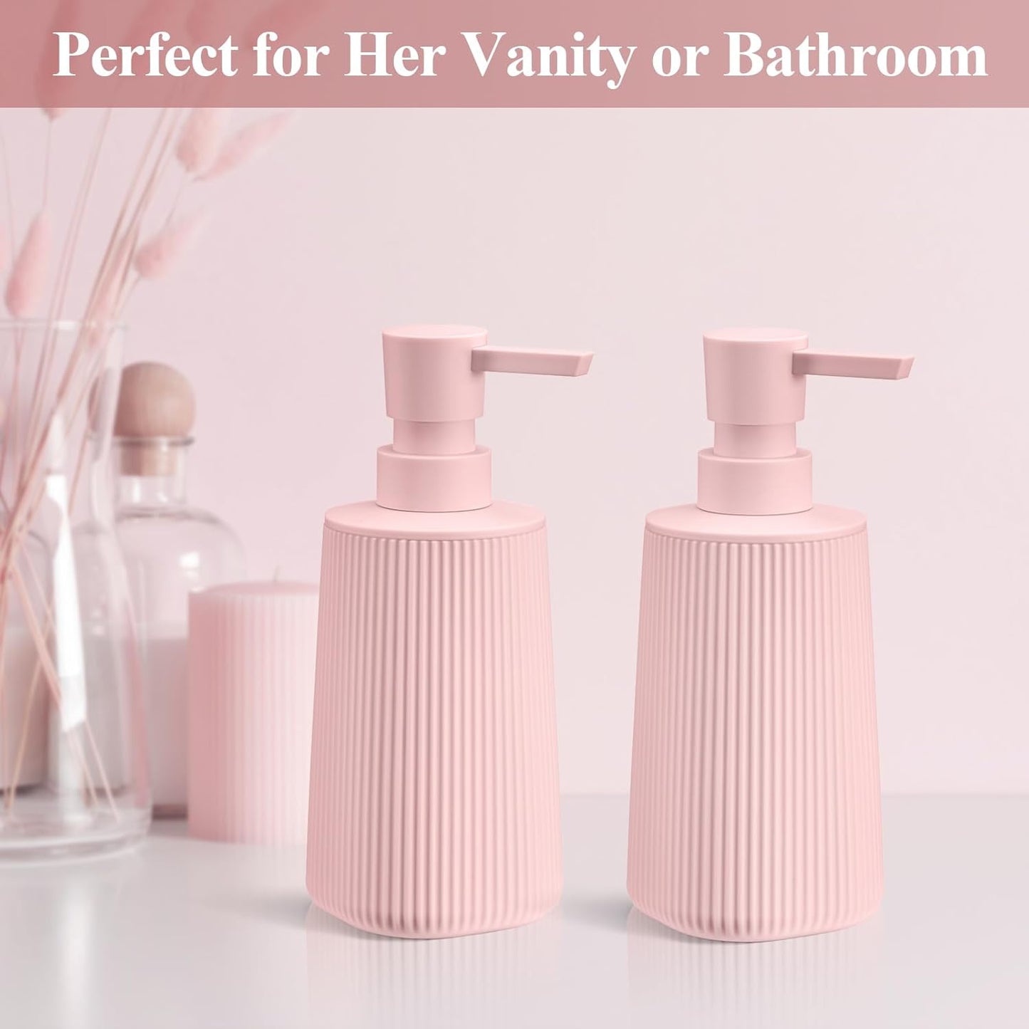 Pink 2 Pack Hand Soap Dispensers with No Rust Pump for Bathroom Kitchen or Vanity Countertops Refillable Striped Matte Plastic 8.5 oz Cute Design for Girls Room Decor
