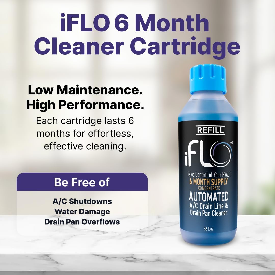 iFLO® Smart A/C Drain Line Cleaner and Drain Pan Cleaner Cartridge Concentrate, Fast-Acting, Long-Lasting HVAC System Solution for Tough Clogs & Buildup, 6-Month Supply per Bottle, 2 Pack of 36oz