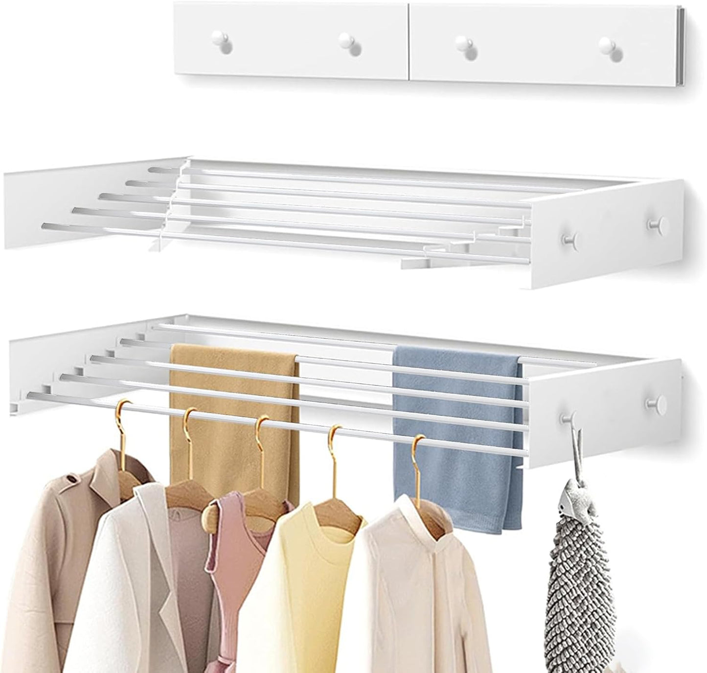 Clothes Drying Rack 31.5 inches Foldable Wall Mount Laundry Rack Folding Indoor Drying Rack Clothing Collapsible Hidden Space Saver with Wall Template 5 Rods White