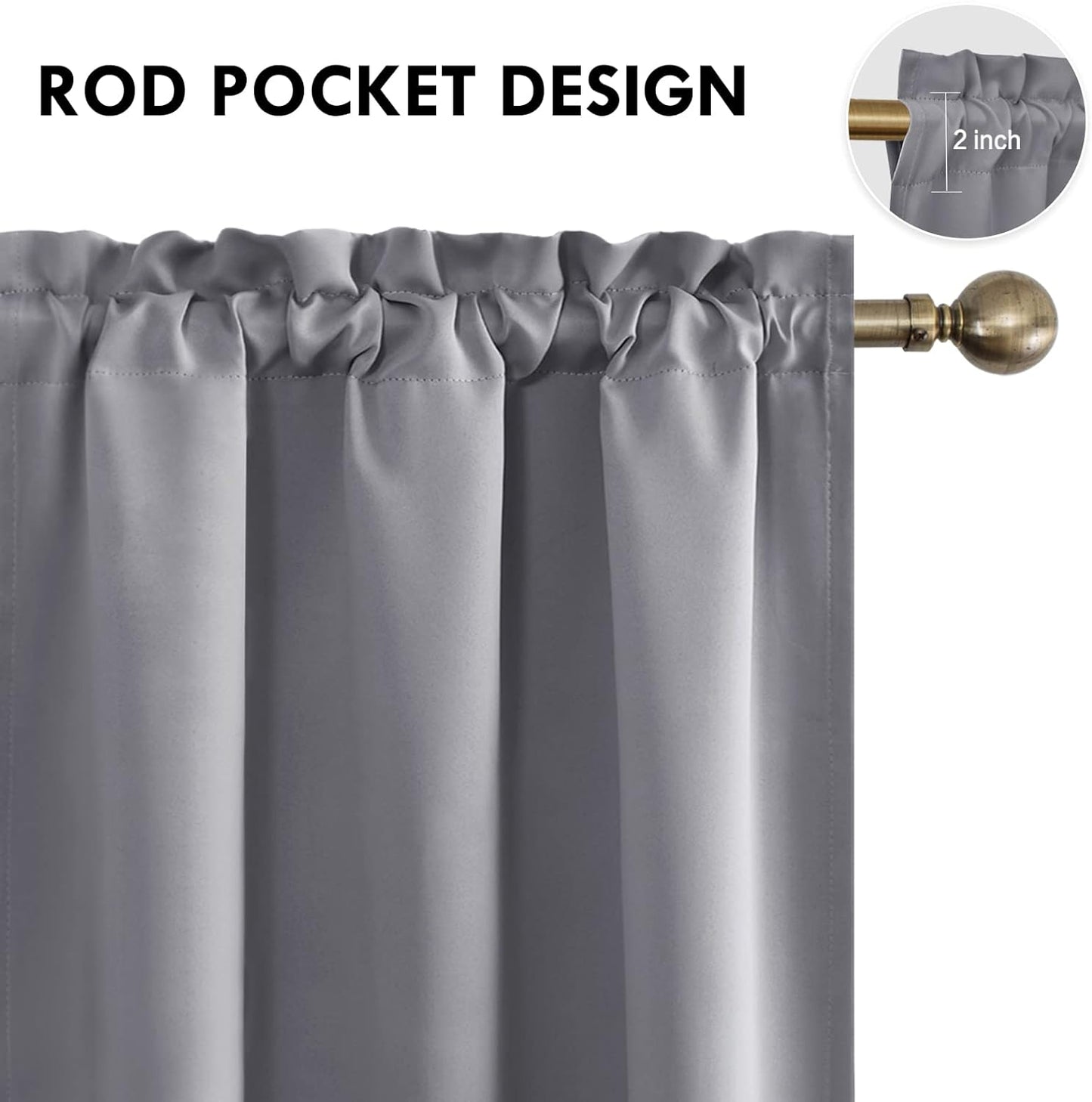 DWCN Grey Room Darkening Blackout Curtains - Rod Pocket Thermal Insulated Privacy Energy Saving Window Curtain Drapes 42x 72 inch Length, Set of 2 Bedroom Living Room Curtains