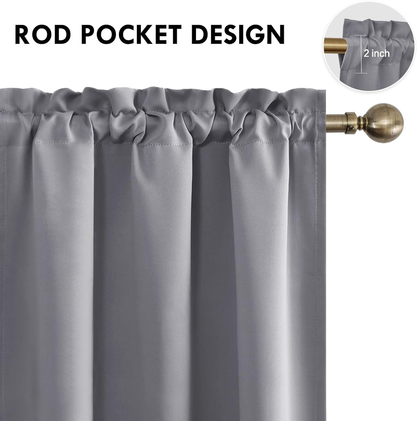 DWCN Blackout Curtains Thermal Insulated Energy Saving Bedroom and Kitchen Curtains Window Treatments, W 38 x L 45 Inch, Set of 2 Grey Rod Pocket Drapes