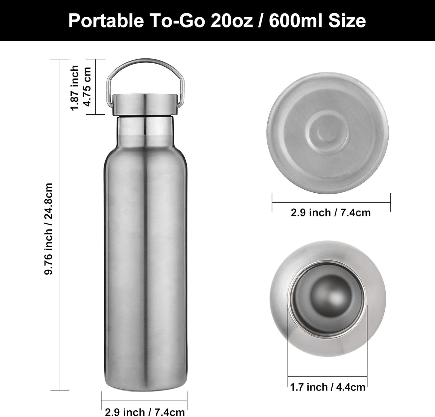 Neihepal 20 oz Insulated Water Bottles Bulk 8 Pack,Stainless Steel Double Wall Sport Bottle with Lid of Handle,Metal Reusable Thermoses Flask with Cup Cap for School,Hikers,Gift (Silver,Set of 8)