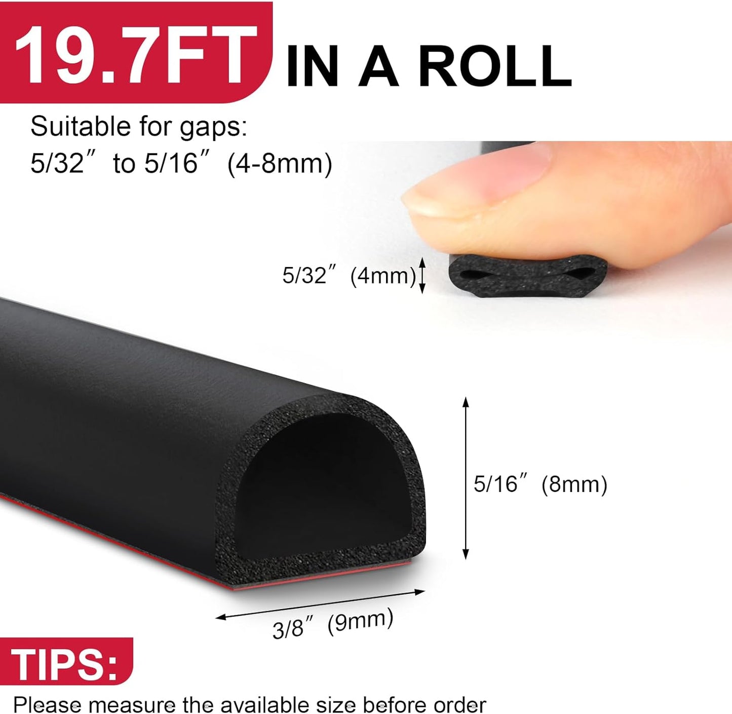 【New Upgrade】 Silicone Door Weather Stripping Door Seal Strip, 19.7 Feet Self-Adhesive D-Shape Door Insulation Strip for Door Frame& Window