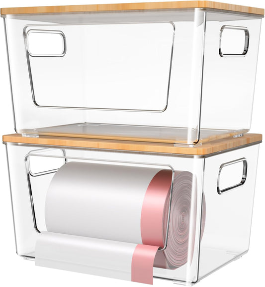 2 Pack Trash Bag Holder with Bamboo Lid, Stackable Trashbag Dispenser, Extra Large Garbage Bag Holder for Kitchen Laundry Room Under Sink Organization and Storage