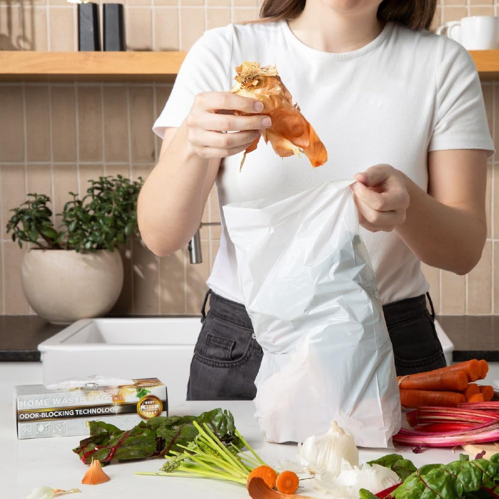 BOS Odor-Sealing Kitchen, Home & Food Small Trash Bags for Waste- Disposable Bags - Scent & Smell Free (90 Bags) [Size S, Color White] ★Brand-new packaging!