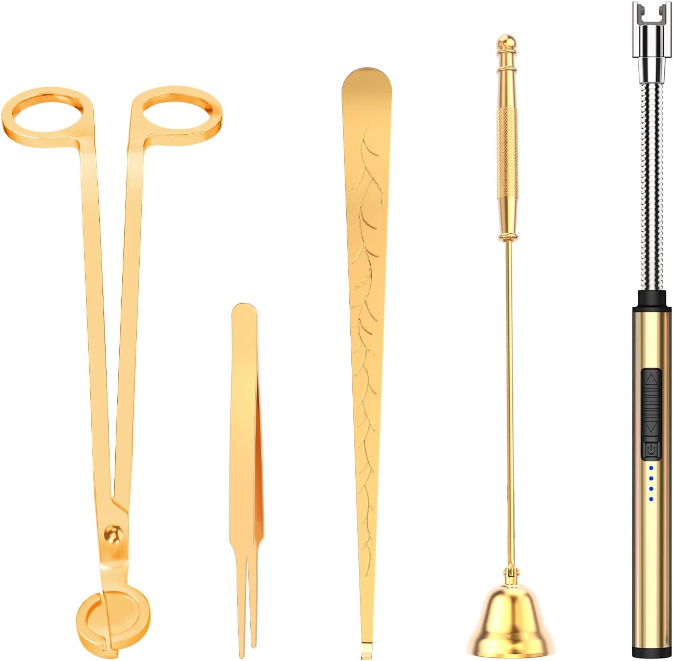 5 in 1 Candle Accessory Set,Candle Wick Trimmer Cutter,Candle Wick Dipper,Candle Wick Snuffer,Rechargeable Candle Lighter,Tweezers,Stainless Steel Candle Care Kit Home Gift for Aromatherapy(Gold)