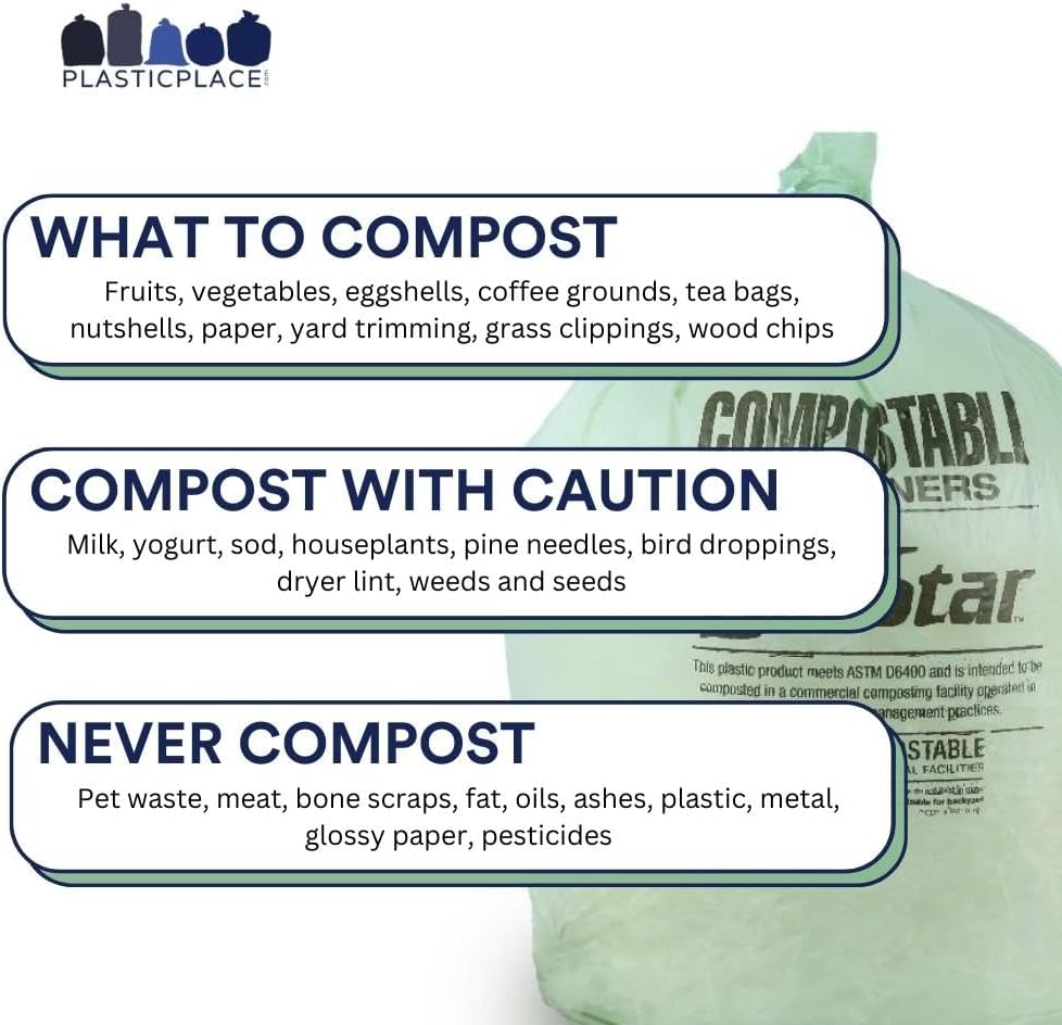 Plasticplace 12-16 Gallon Compostable Trash Bags │ 1Mil │ Green Tint Garbage Can Liners │ 24” x 33” (100 Count)