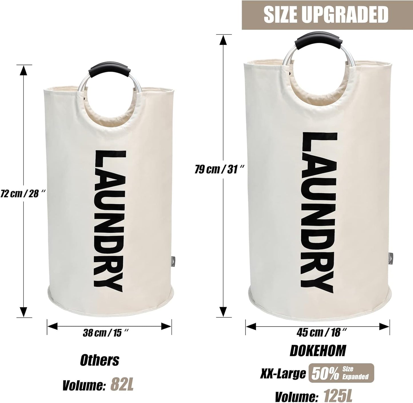 DOKEHOM 125L X-Large Laundry Basket, Collapsible Laundry Bag, Freestanding Tall Clothes Hamper, Foldable Washing Bin (Beige)