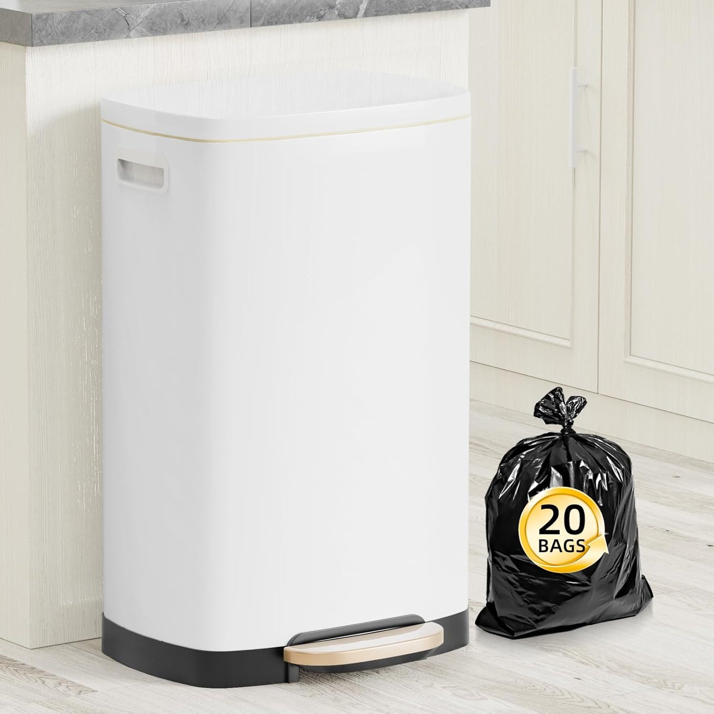 13 Gallon Trash Can with Lid, 50L Fingerprint Proof Stainless Steel Kitchen Trash Can with Removable Inner Bucket and Lid Soft Close, Pedal Rubbish Bin for Home Office, White