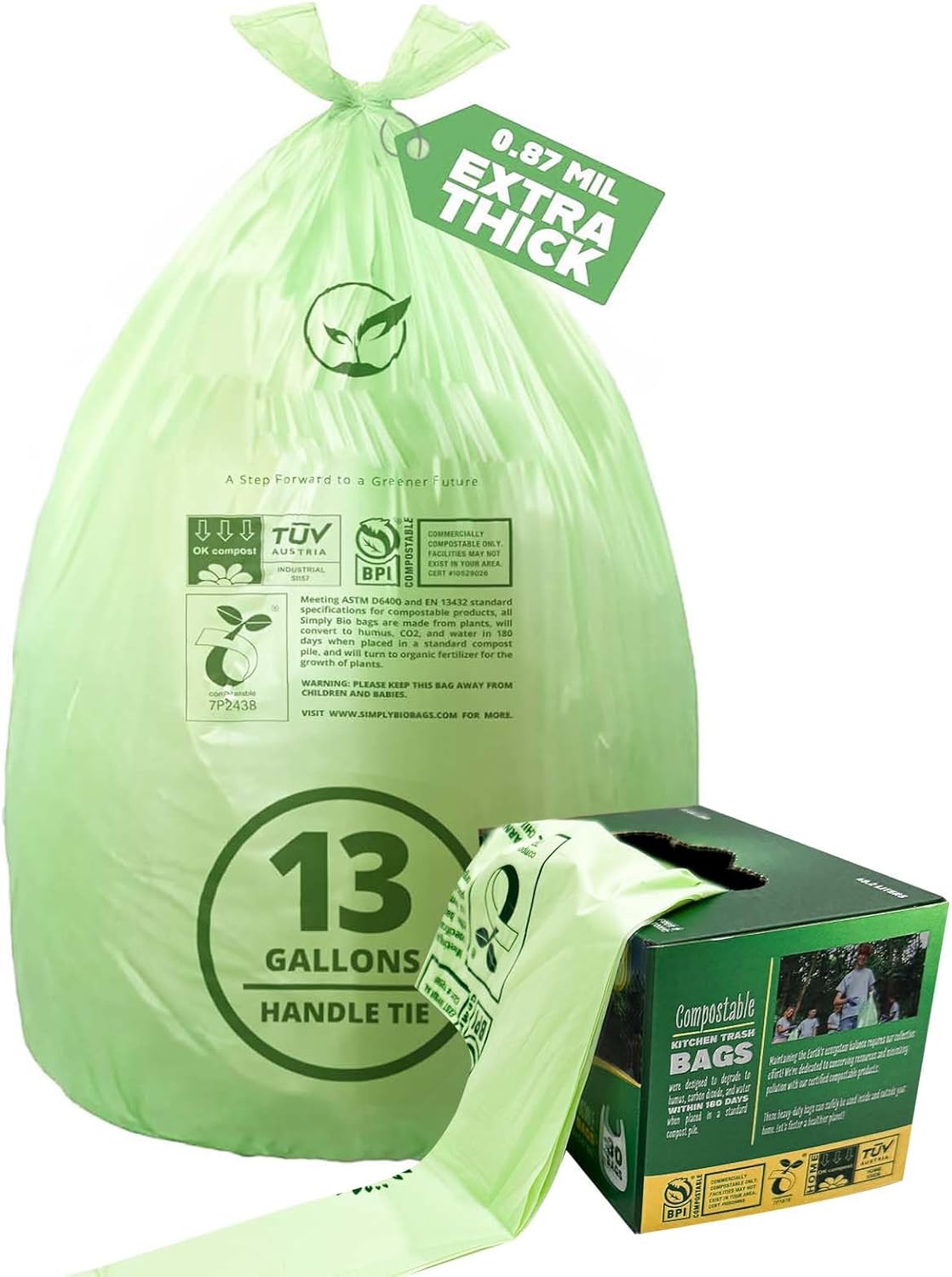 13 Gallon Compostable Trash Bags with Handle-Tie, Thick 0.87 Mil, 49.21 Liter, 30 Bags, Tall Kitchen Food Scrap Waste Bag, ASTM D6400, US BPI and OK Compost Home Certified