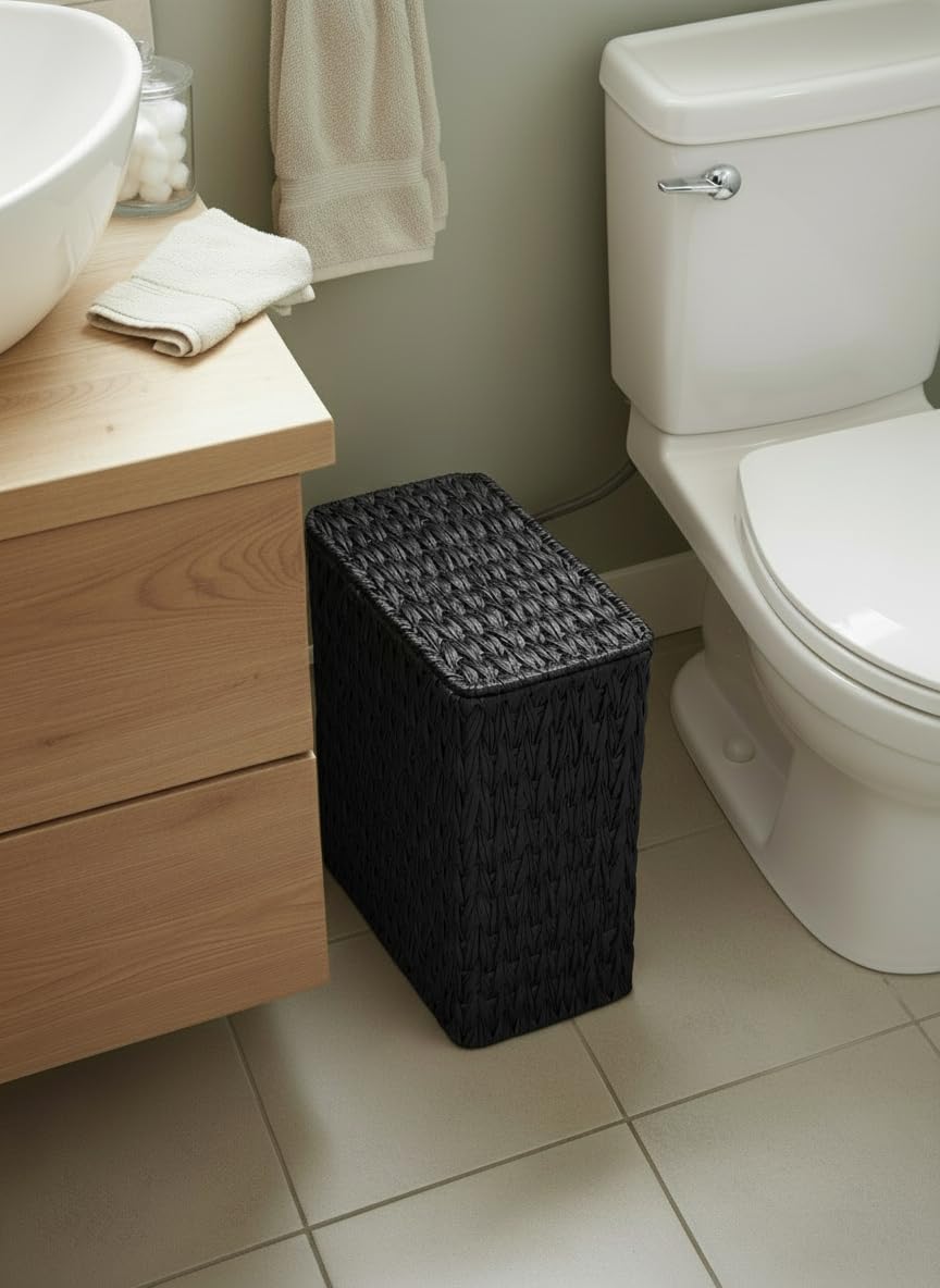 Black Wicker Trash Can with Lid and Liner,Waterproof Narrow Waste Basket for Bathroom,Bedroom,Office,3 Gallon