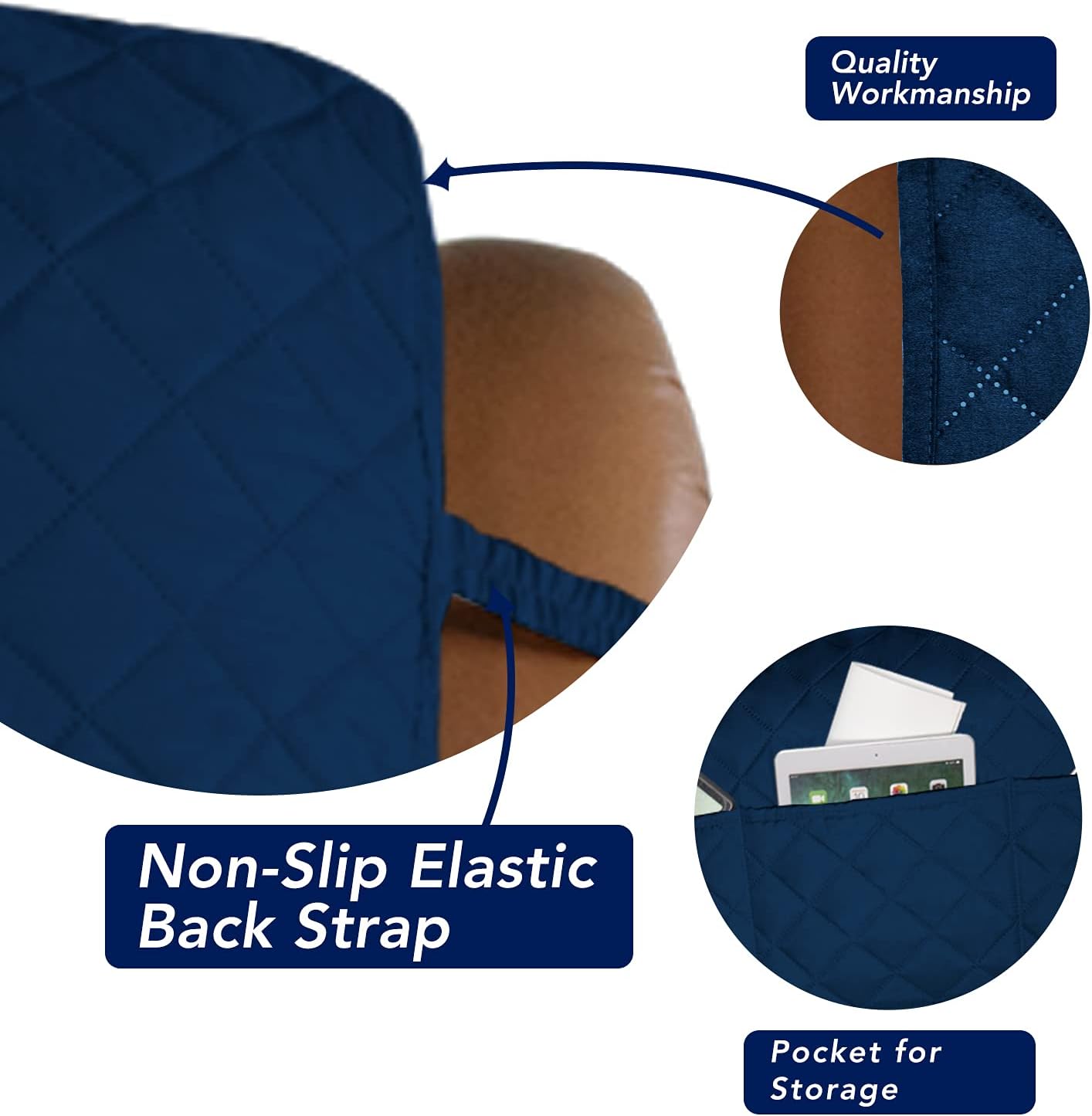 PureFit Reversible Quilted Oversized Recliner Sofa Cover, Water Resistant Furniture Protector, Washable Couch Cover with Elastic Straps for Kids, Pets (Large, Classic Navy/Navy)