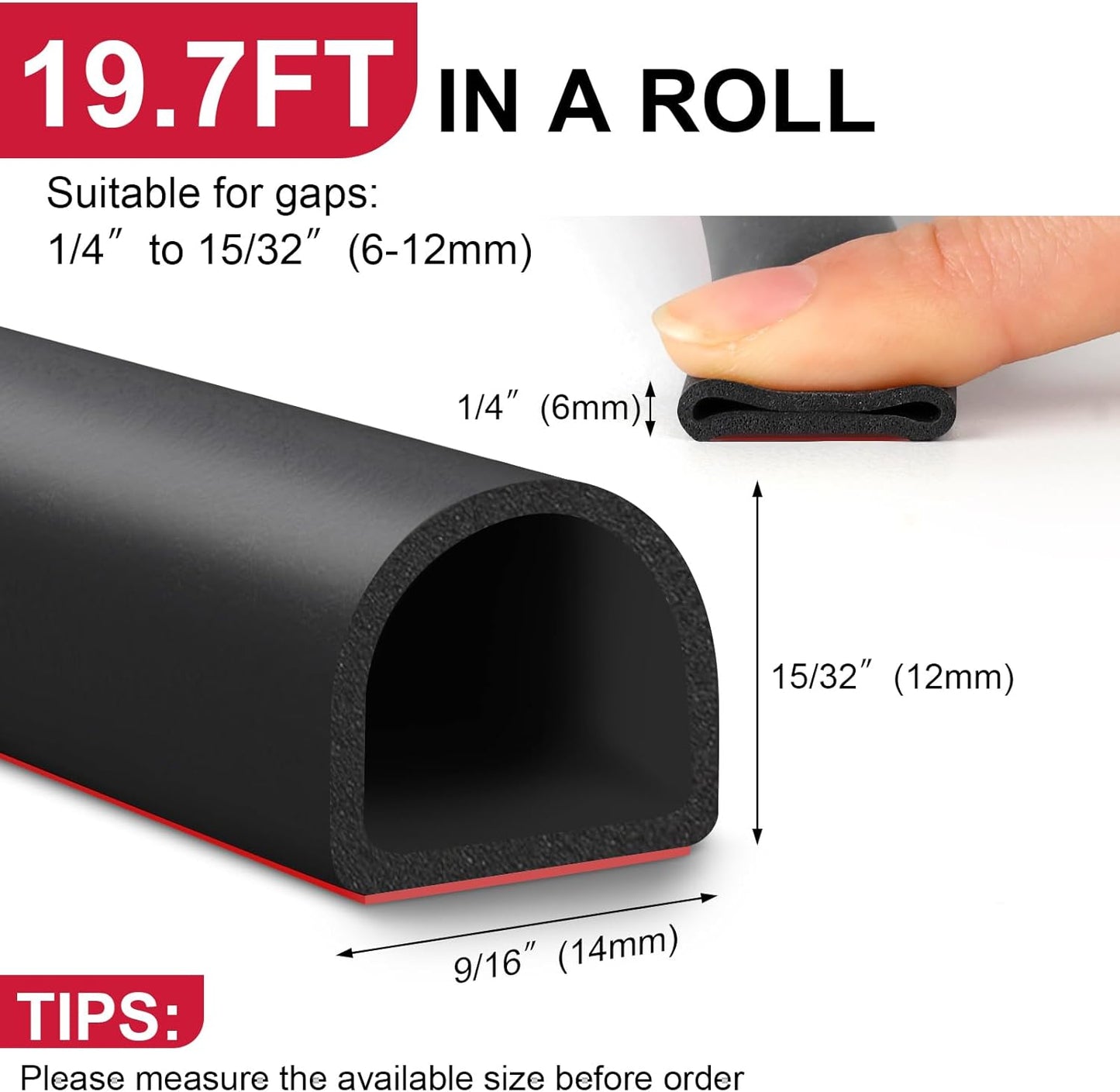 【New Upgrade】 Silicone Door Weather Stripping Door Seal Strip, 19.7 Feet Self-Adhesive D-Shape Door Insulation Strip for Door Frame& Window