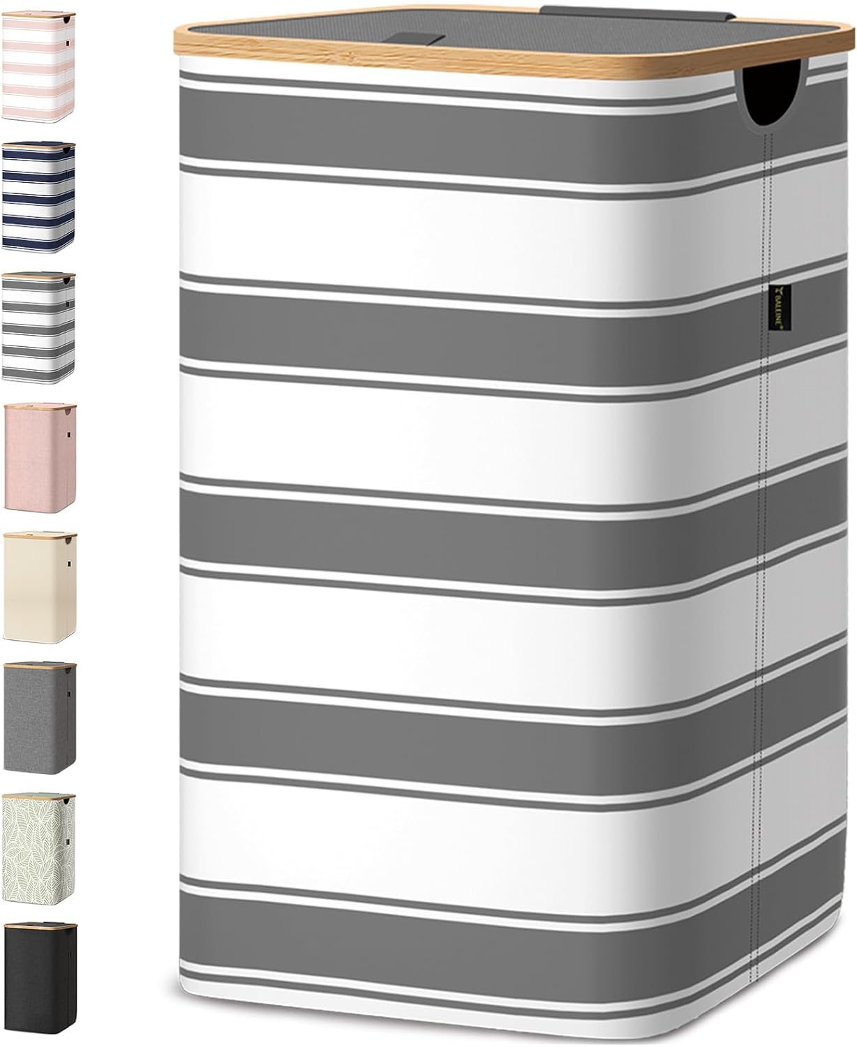 BALEINE Laundry Hamper with Lid, Tall Laundry Baskets with Bamboo Pull Handles, Large Laundry Bin with Internal Support (18 Gal/70L, Grey Stripe)