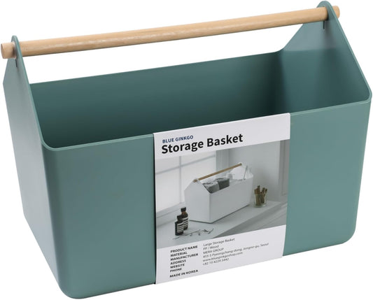 BLUE GINKGO Large Storage Basket – Plastic Caddy with Wooden Handle for Bathroom, Pantry, or Cleaning Supplies (Green)