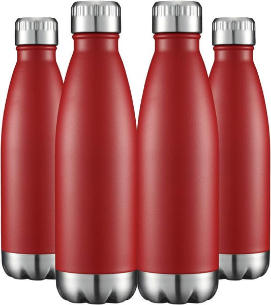 HASLE OUTFITTERS 17oz Stainless Steel Water Bottles Bulk, Vacuum Insulated Double Walled Powder Coated Reusable Metal Sports Water Bottles Keep Drinks Hot and Cold, Red, 4Packs