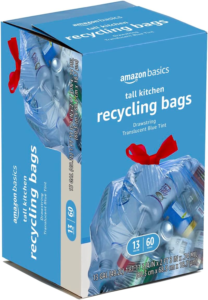 Amazon Basics Blue Recycling Trash Bags, Unscented, 13 Gallon, 60 count (Pack of 2)