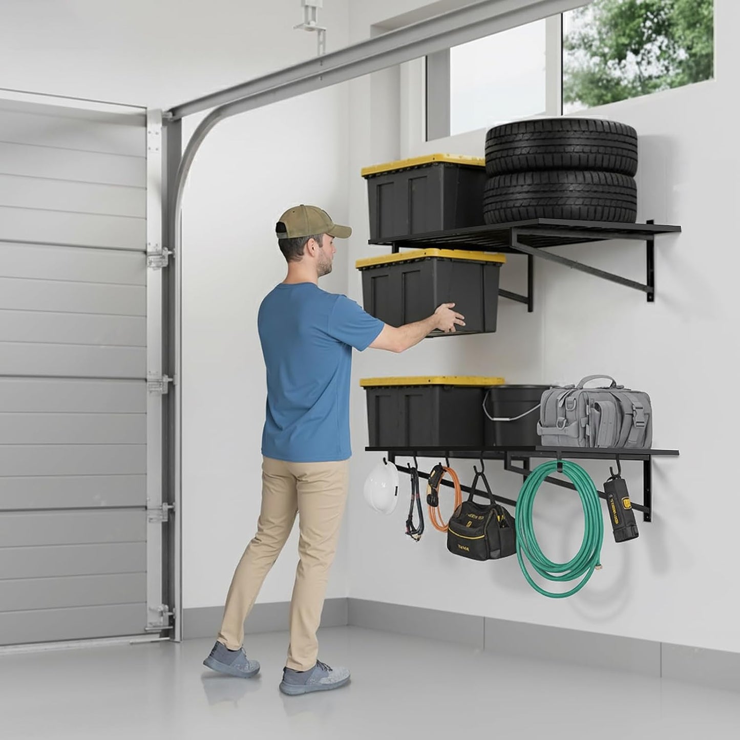 2-Pack Garage Wall Shelves, 2' x 4' Heavy Duty Wall Mounted Storage Rack with 6 Hooks, 500 lbs Capacity (250 lbs Each), Steel Garage Organization Shelving for Tools, Bins, and Power Equipment