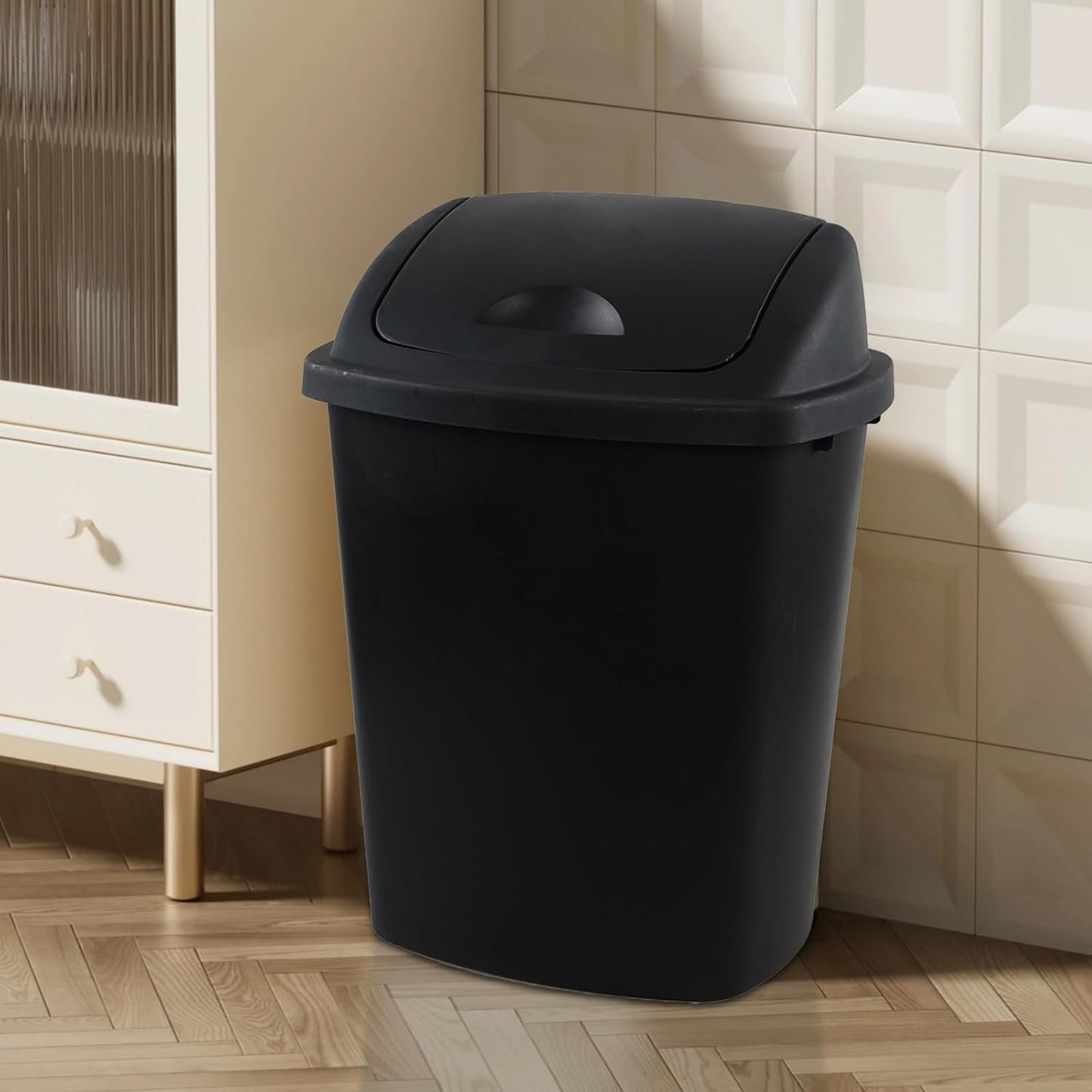 6 Gallon / 25 L Trash Can, 4-Pack, Plastic Swing Lid Garbage Waste Bins Container for Kitchen, Bedroom, Office, Living Room, Bathroom, Black