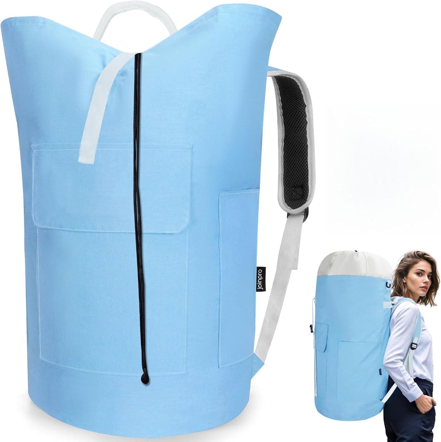 Laundry Bag Backpack, 125L Extra Large Travel with Shoulder Straps, Adjustable & Extendable Design, Laundry Hamper Bag with 3 Pockets for Laundromat, College, Travel, Camping (Light Blue)