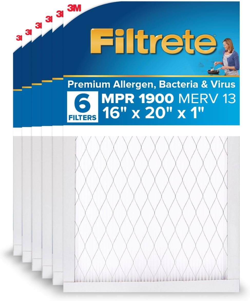 Filtrete 16x20x1 AC Furnace Air Filter, MERV 13, MPR 1900, Premium Allergen, Bacteria & Virus Filter, 3-Month Pleated 1-Inch Electrostatic Air Cleaning Filter, 6-Pack (Actual Size 15.69x19.69x0.78 in)