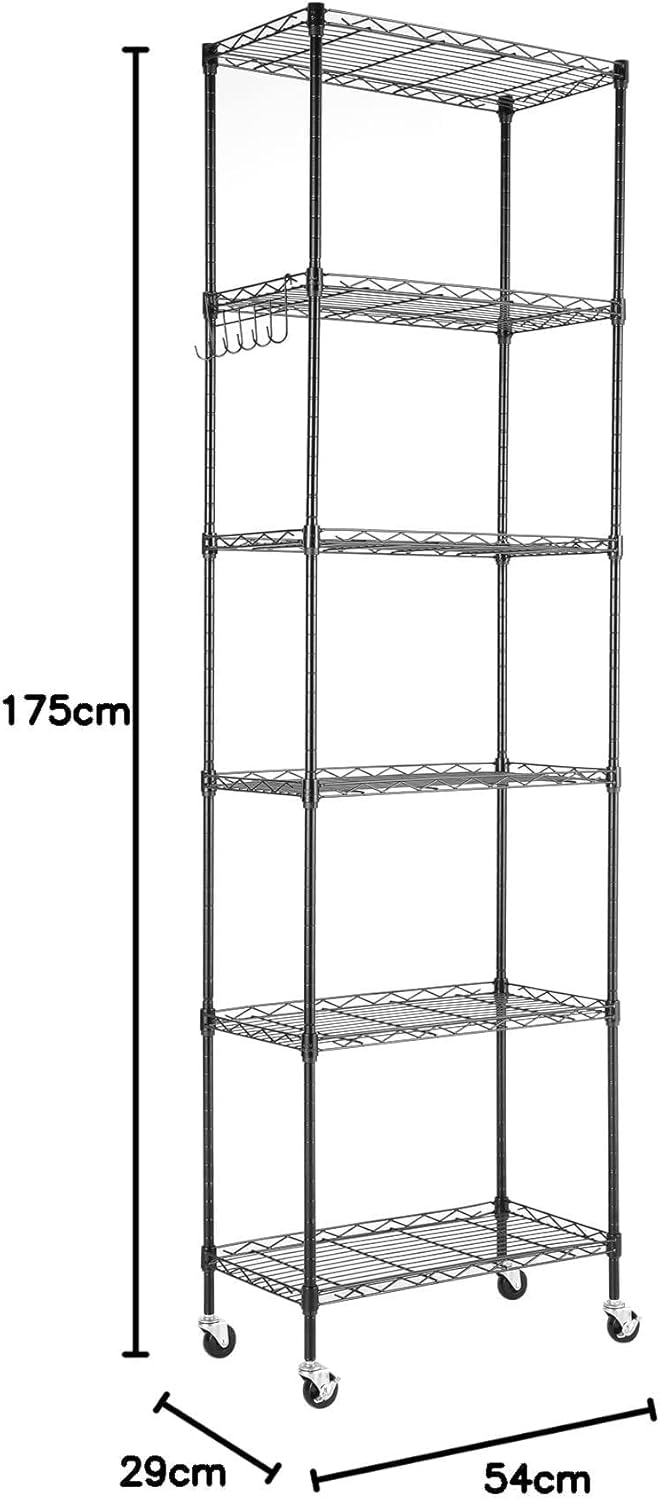 Himimi 6-Tier Wire Shelving Unit with Wheels - Adjustable Metal Storage Rack for Garage, Kitchen, Office, Pantry - Easy Assembly, Rolling Steel Shelves with Stainless Side Hooks, Silver Grey