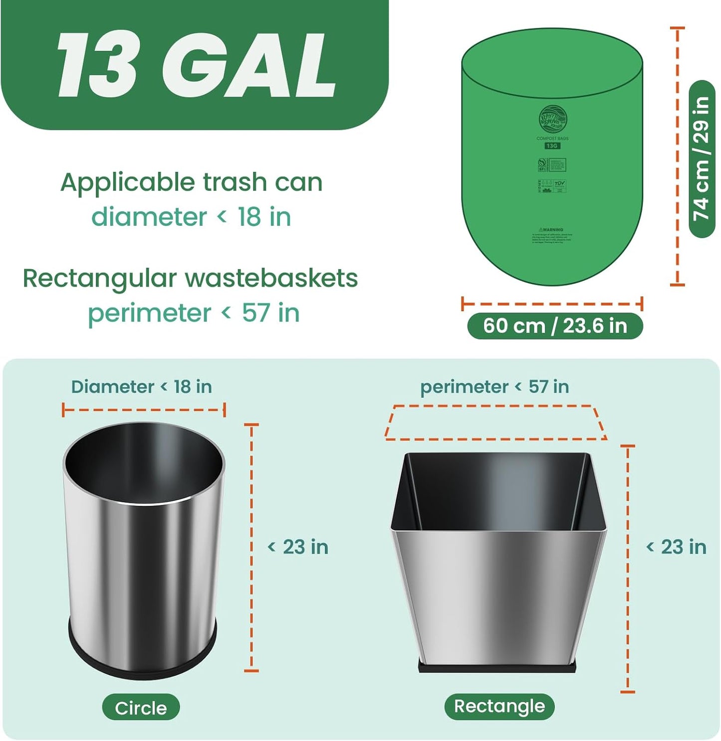 RAYTID 13 + Gallon Compostable Trash Bags,70 Count, Extra Thick 1.1 Mil, Tall Kitchen Food Scrap Waste Bag, ASTM D6400, US BPI and OK Compost HOME Certified