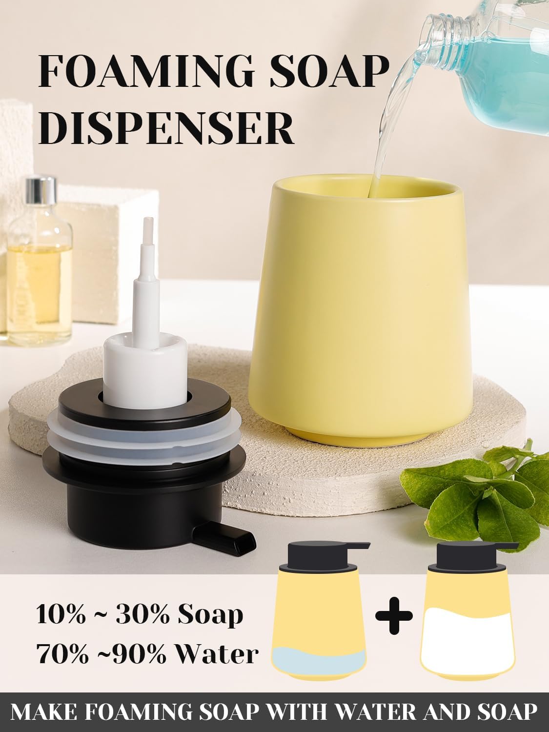 INGOFIN Ceramic Foaming Soap Dispenser -14 oz Foam Hand Soap Dispenser Bathroom, Modern Refillable Dish Wash Bottle for Kitchen with Large Pump, Matte Yellow