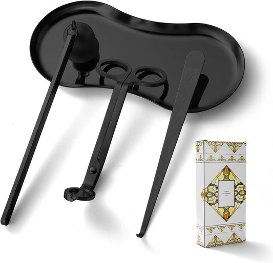 PATOISE 4 in 1 Candle Accessory Set Mini, Candle Wick Trimmer Cutter, Candle Snuffer, Candle Wick Dipper, Tray Holder in Gift Package for Candle Aromatherapy Lovers(4PCS Black)