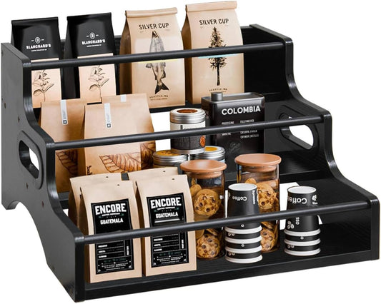 AT-VALY 3-Tier Spice Rack, Iron&MDF Kitchen Storage Shelf, Space-Saving Countertop Organizer for Spices, Herbs, Seasonings, Sturdy Stylish Condiment Holder,Countertop Wine Rack (Black Grain)