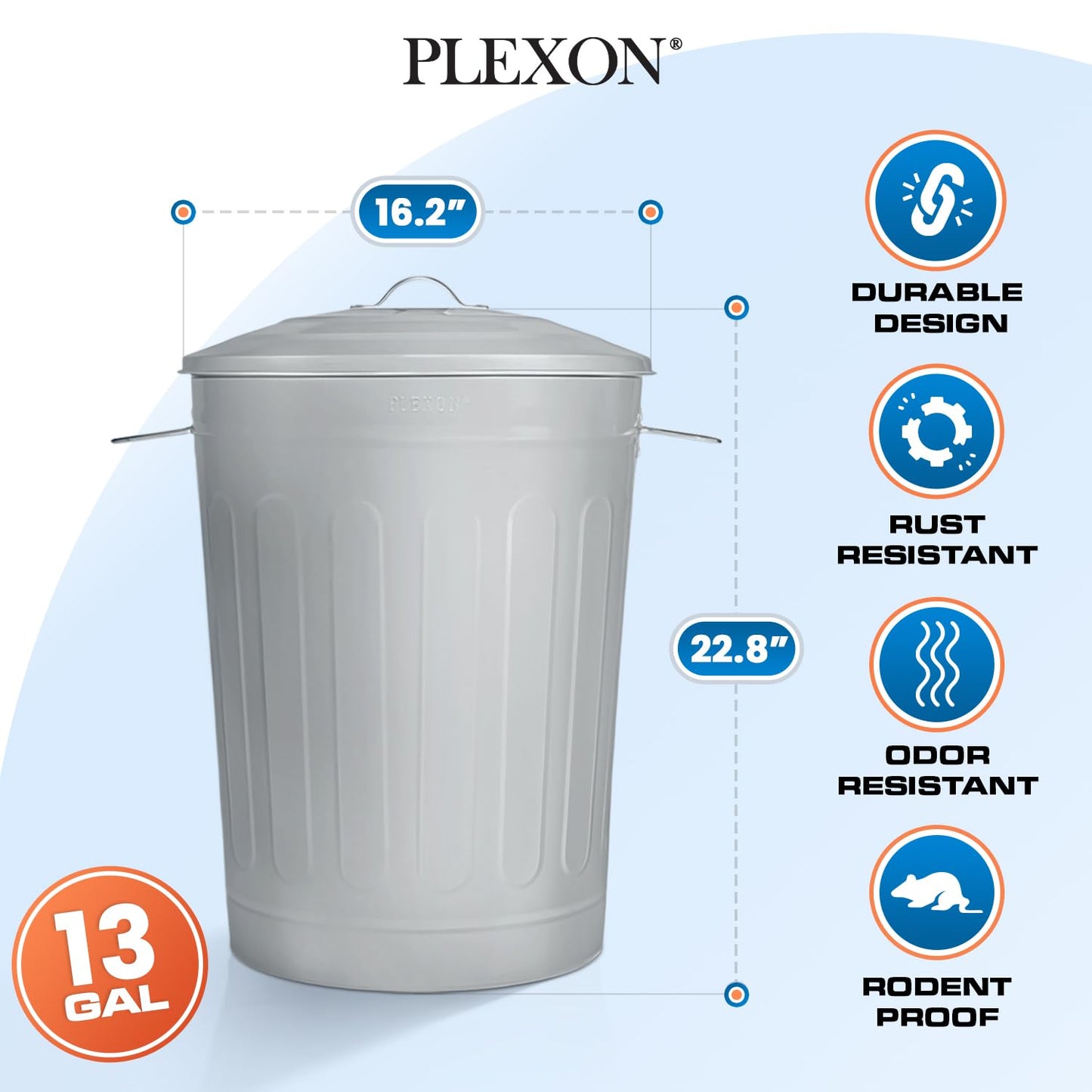 Plexon Round Trash Can 13 Gallon, Vintage Metal Outdoor Trash Can with Lid, Retro Farmhouse Garbage Container, Old School Modern Ash Bucket, Gray 6 Pack